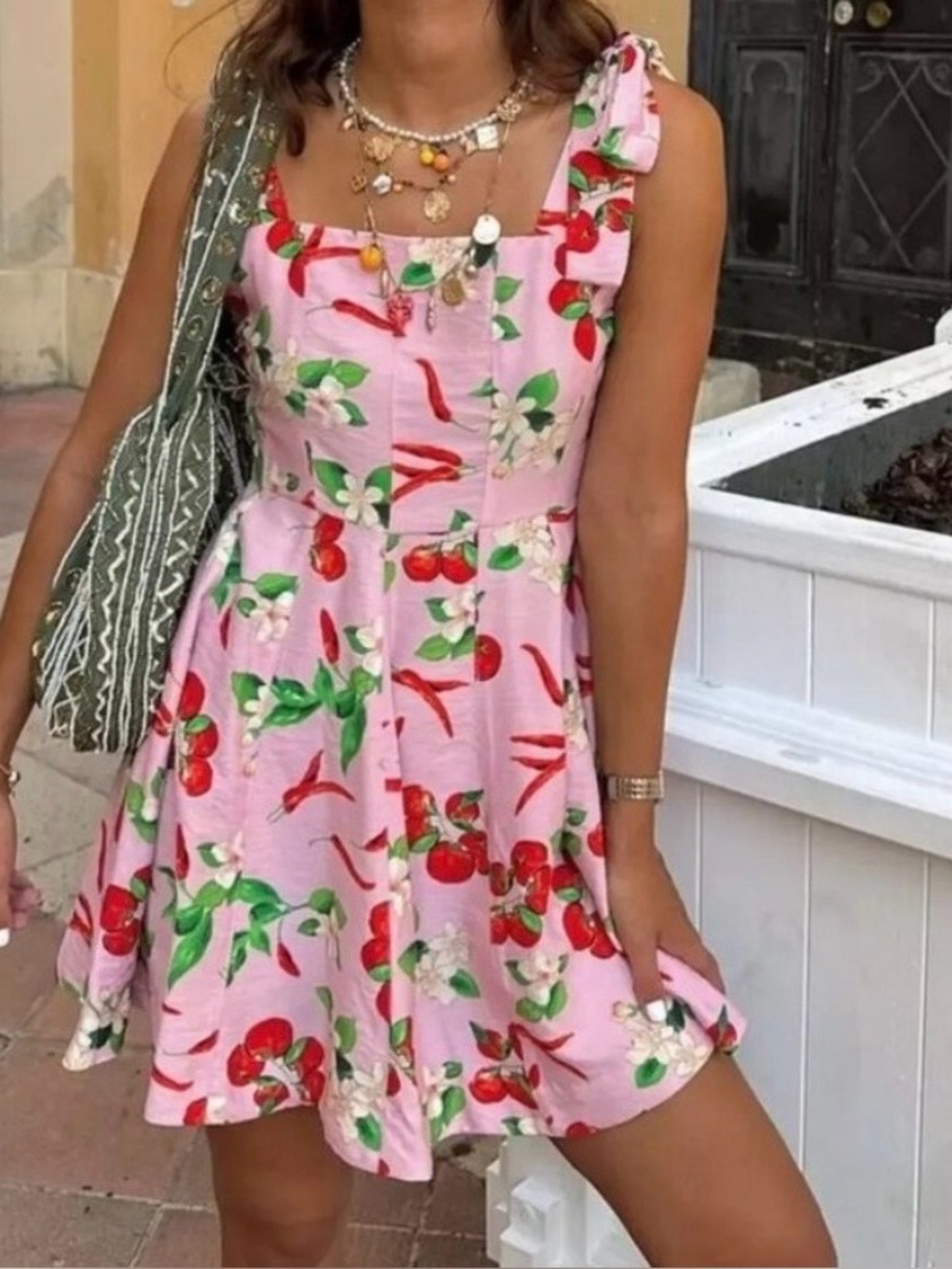 Zara Pink Cherry Chili Pepper Linen Blend Bow Kitsch Coquette Mini Dress XS
